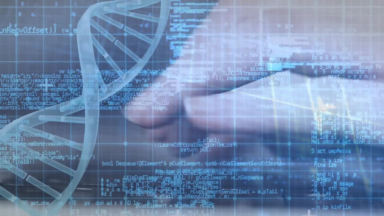 animación del procesamiento de datos y mano usando computadora portátil sobre cadena de adn