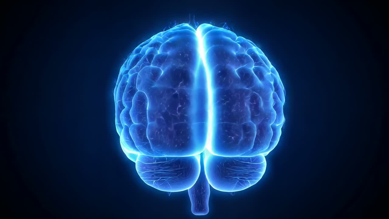 Starting neon-blue 3D brain model in virtual space rotating side to back view showing neural paths