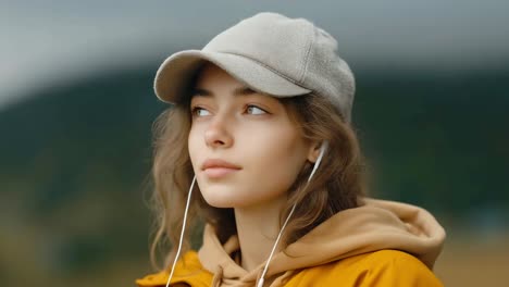 portrait of a young woman with cap and headphones outdoors