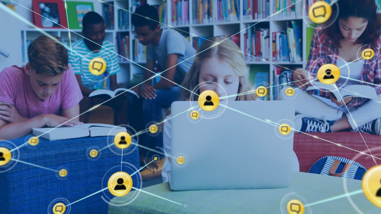 Students studying in library with social network connections animation overlay