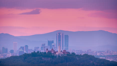 time lapse of madrid skyline from the distance during sunset