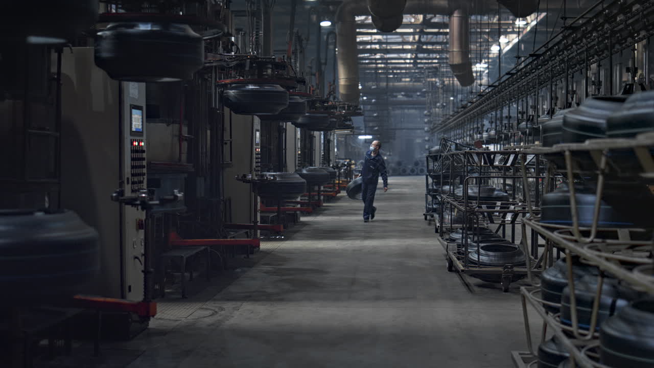 Tire plant storage worker carrying new rubber product in workshop facility