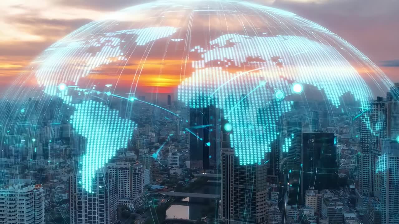 Aerial video view of a cityscape with a digital globe overlay, showcasing global connectivity