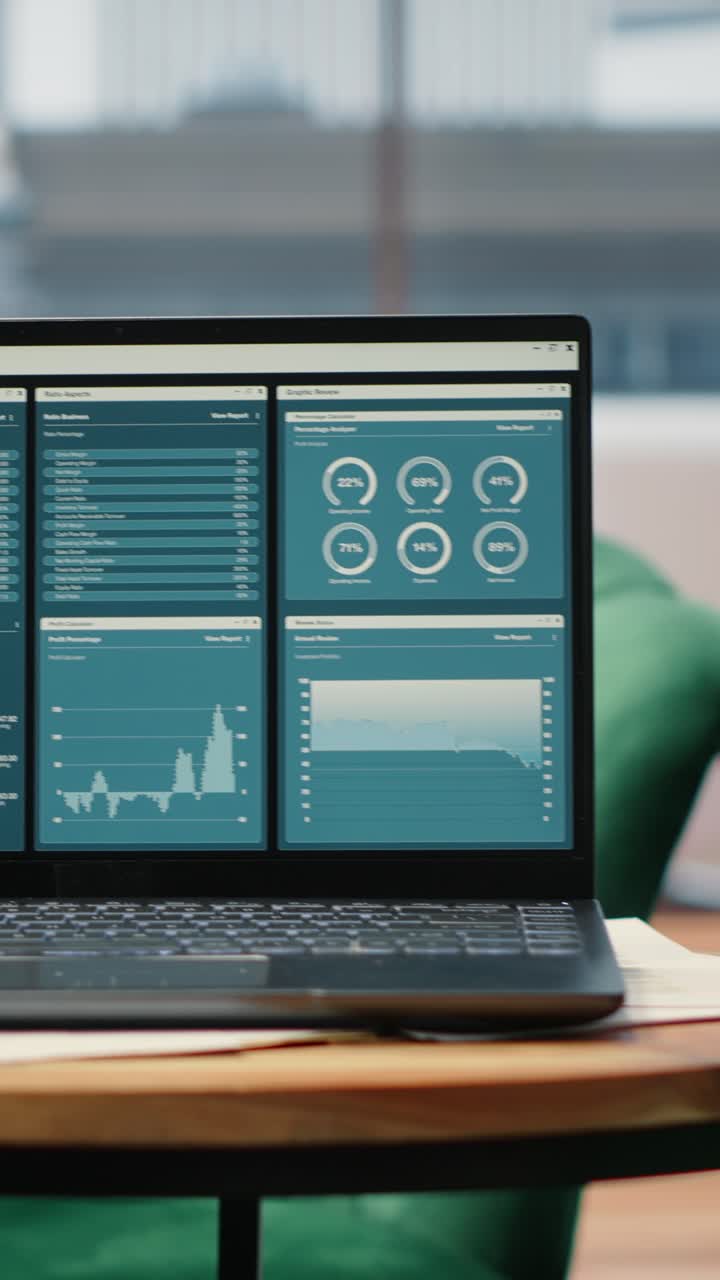Vertical Video High tech device showcasing infographics and business data in empty office