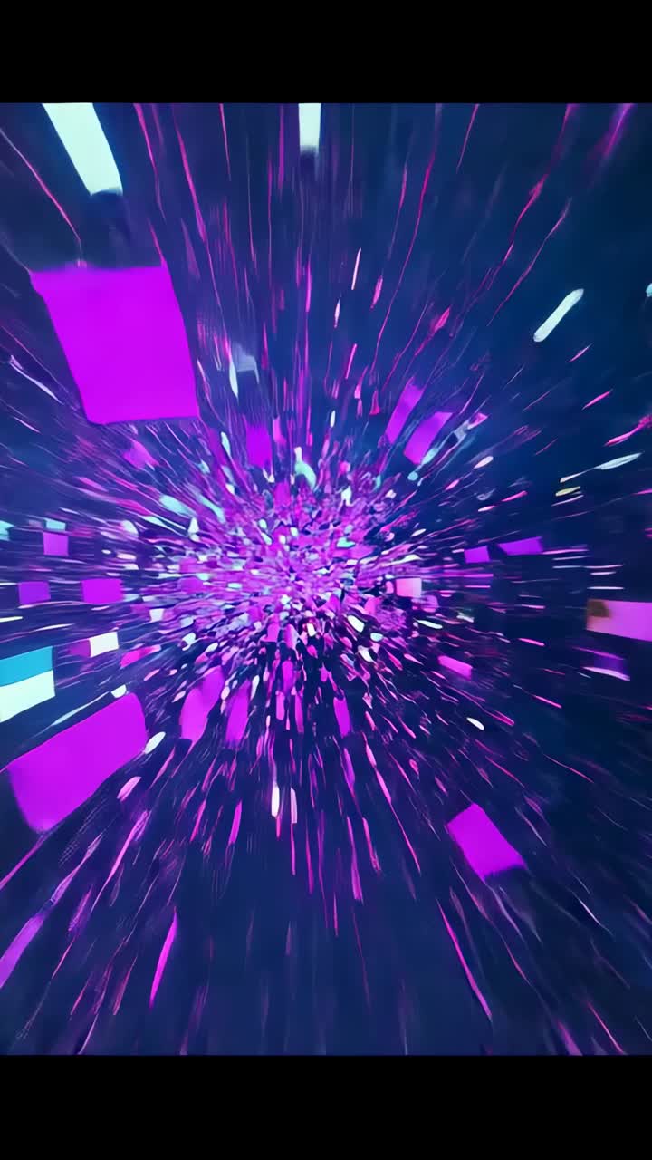 Vertical video: Bursting central core accelerating outward in neon tunnel, with magenta cyan shards