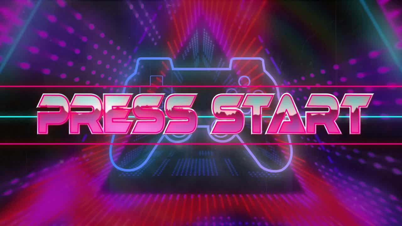 Press Start text animation over neon game controller with colorful lights