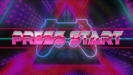 Press Start text animation over neon game controller with colorful lights
