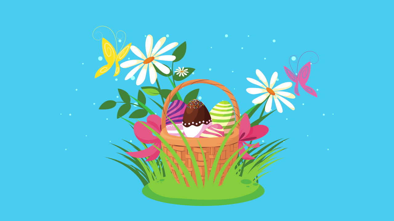 happy easter card with eggs painted in basket garden scene