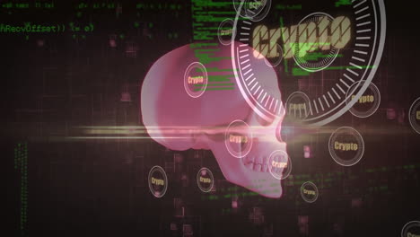 animation of skull over data processing on black background