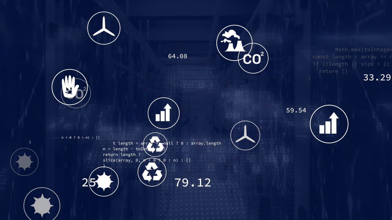 Animation of data processing with icons over server room