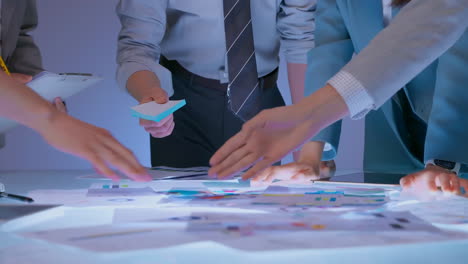 Group business team briefing discussion, financial portfolio meeting for teamwork investment profit, paperwork. Online, research budget analyst with economist for audit feedback, planning project