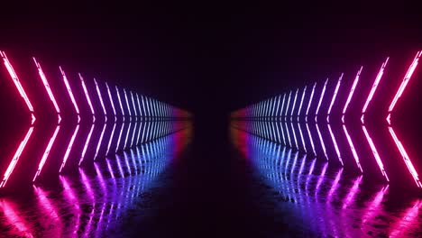 Neon-abstract-concept.-The-laser-lines-change-color-from-orange-to-blue,-purple-and-green.-Illuminations.-Reflection-of-neon-lamps-on-a-dark-floor.-3D-animation-of-a-seamless-loop.