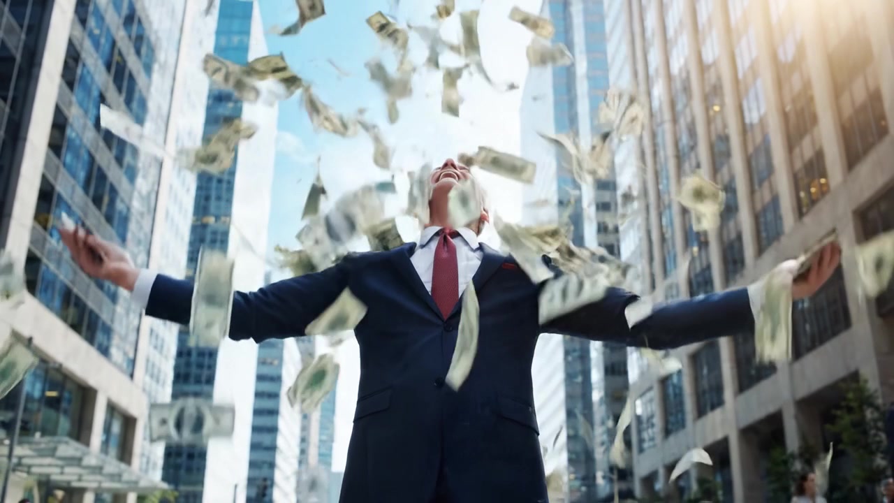 Un uomo d'affari fiducioso si crogiola nella ricchezza, contando felicemente denaro tra i moderni grattacieli della città in una giornata luminosa, mostrando trionfo finanziario e successo