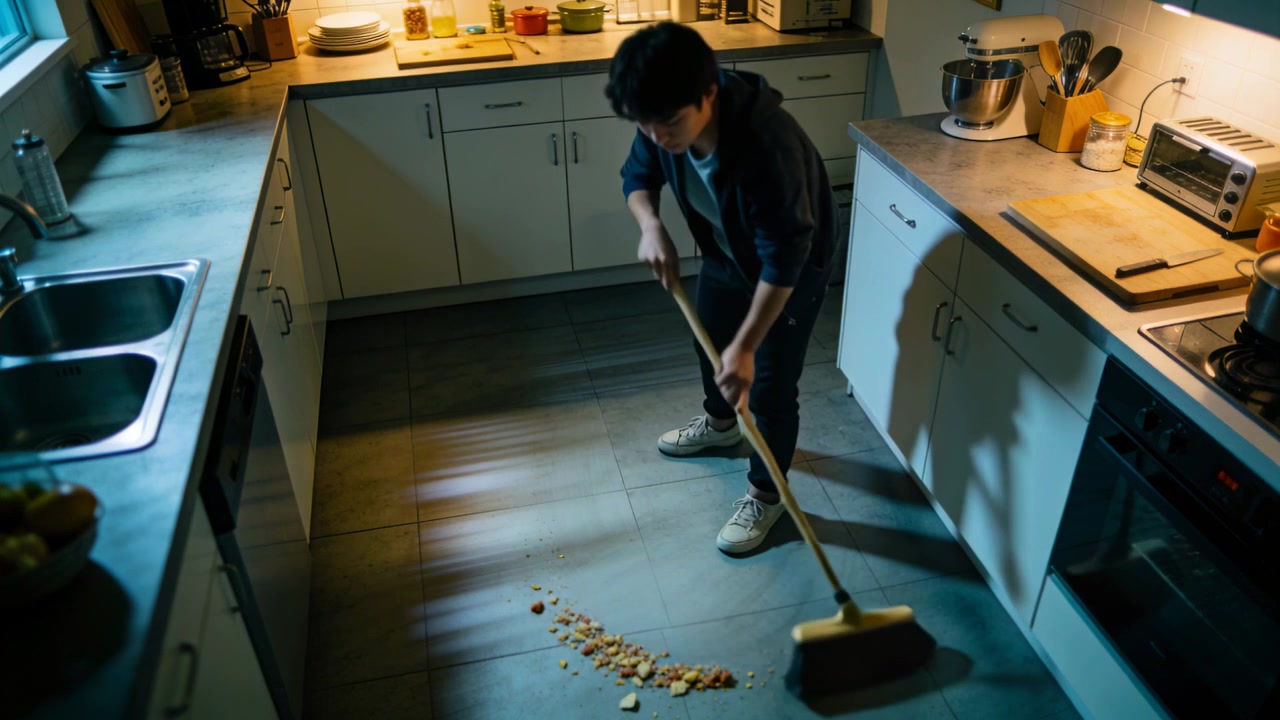 Spotting broken pieces, Asian man in hoodie sweeping broom on kitchen tiles, collecting crumbs