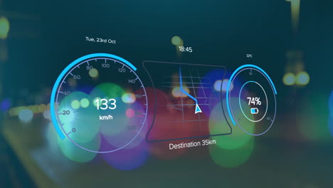 animación del procesamiento de datos del velocímetro de coches eléctricos sobre la ciudad