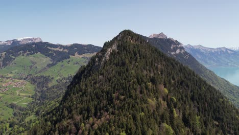 aerial view of a steep, forest-covered mountain in the swiss alps with distant snow-capped peaks and a turquoise lake under a clear blue sky