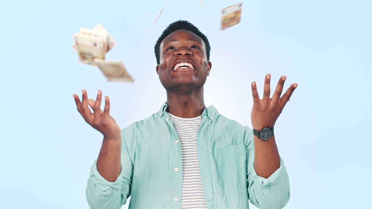 Man, winning and money rain for success