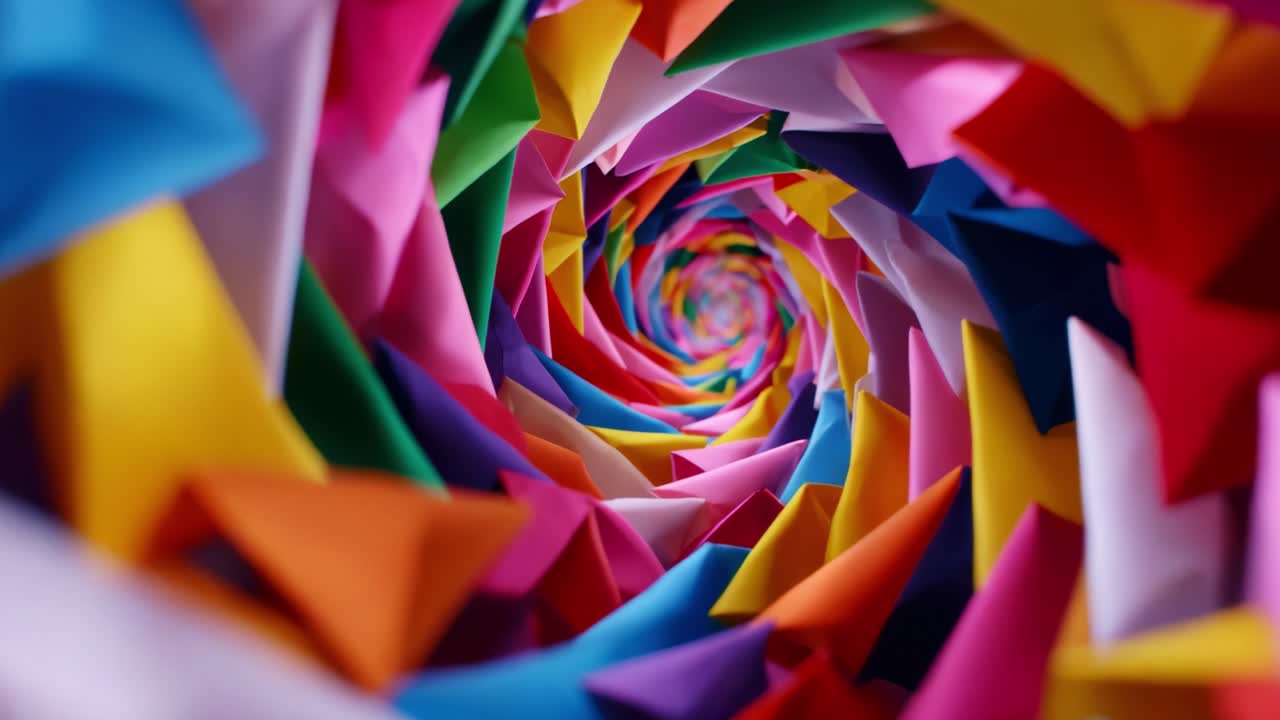 A Vibrant Spiral of Colorful Paper Transforming and Twisting in a Dynamic Visual Journey, Expressing the Art of Paper Crafting and Creativity in a Mesmerizing Depth Perspective for Enthusiasts