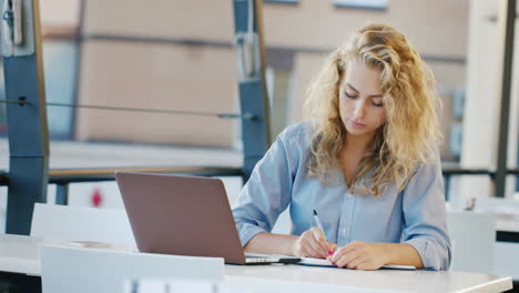 Atractiva-Joven-Que-Trabaja-En-El-Sitio-En-Verano-Kaye-Usa-Laptop-Toma-Notas-En-Un-Cuaderno