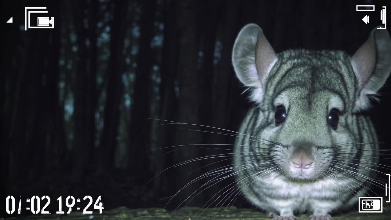 A close-up video of a chinchilla in a forest at night, captured from a low-angle