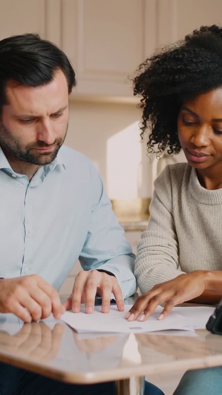 Video verticale: Smistamento di documenti, coppia che indica e scorre in cucina usando un tablet per compilare moduli.