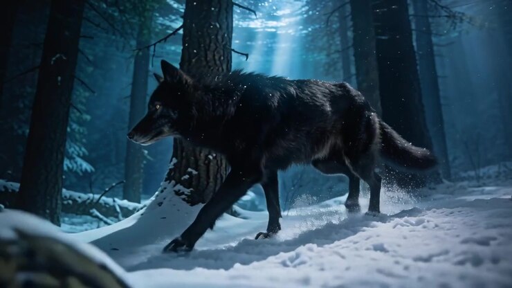 Lobo negro solitario percibiendo un olor, caminando sigilosamente por un bosque de coníferas, siguiendo huellas de patas.