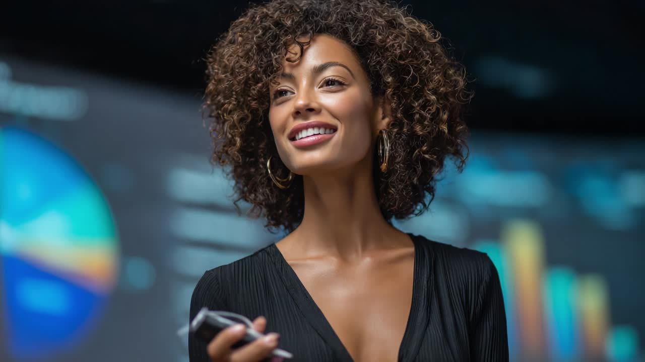 Enthusiastic Presenter Engaging an Audience with Key Insights on Data Trends and Analysis While Using a Smartphone to Connect with Viewers, Captured in a Modern Visual Presentation Venue