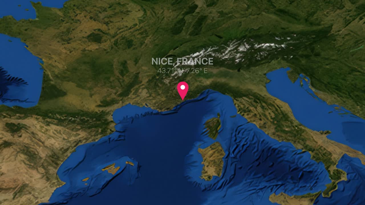 Digital earth render zooms from global view into Nice France with a red pin