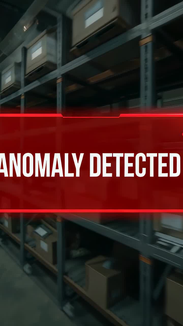 Vertical video: ANOMALY DETECTED banner appearing, camera panning down aisle, inspecting labels