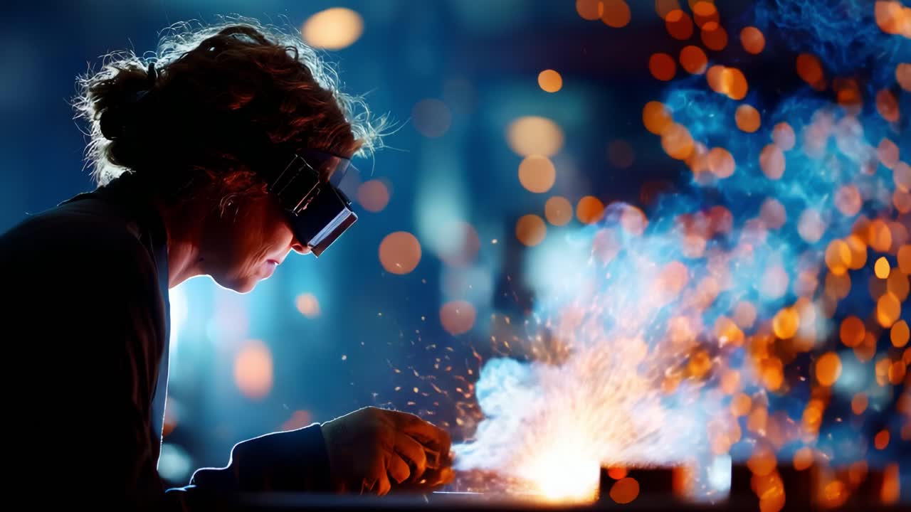 Un abile artigiano immerso nel suo mestiere, che plasma meticolosamente il metallo mentre le scintille volano e i colori vivaci turbinano, mettendo in mostra l'arte e la precisione del processo di lavorazione dei metalli in un'affascinante ambientazione da laboratorio.