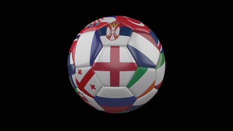 banderas europeas en la pelota de fútbol girando en transparente, imágenes de 4k con alfa, bucle 2