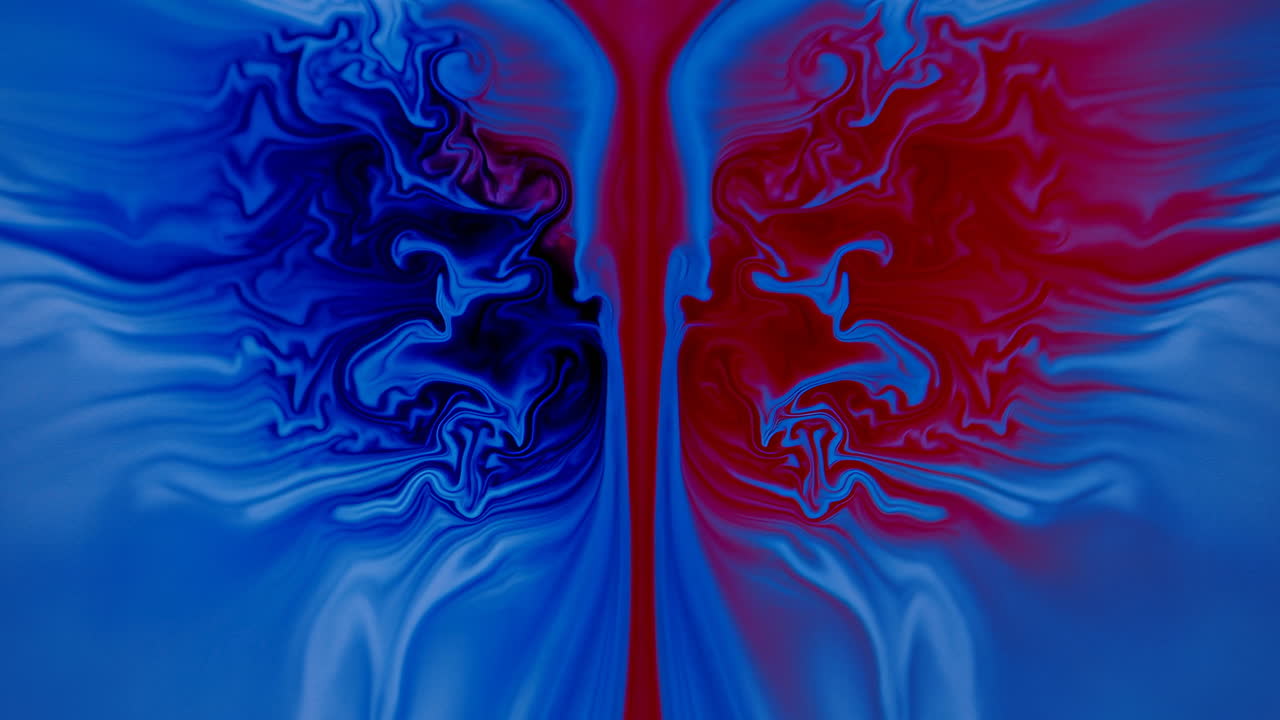 Red Blue Fluid Mixing In Bold Swirls, Ink Motion, Marbled Textures, Center Seam Dynamics, Vivid Contrast