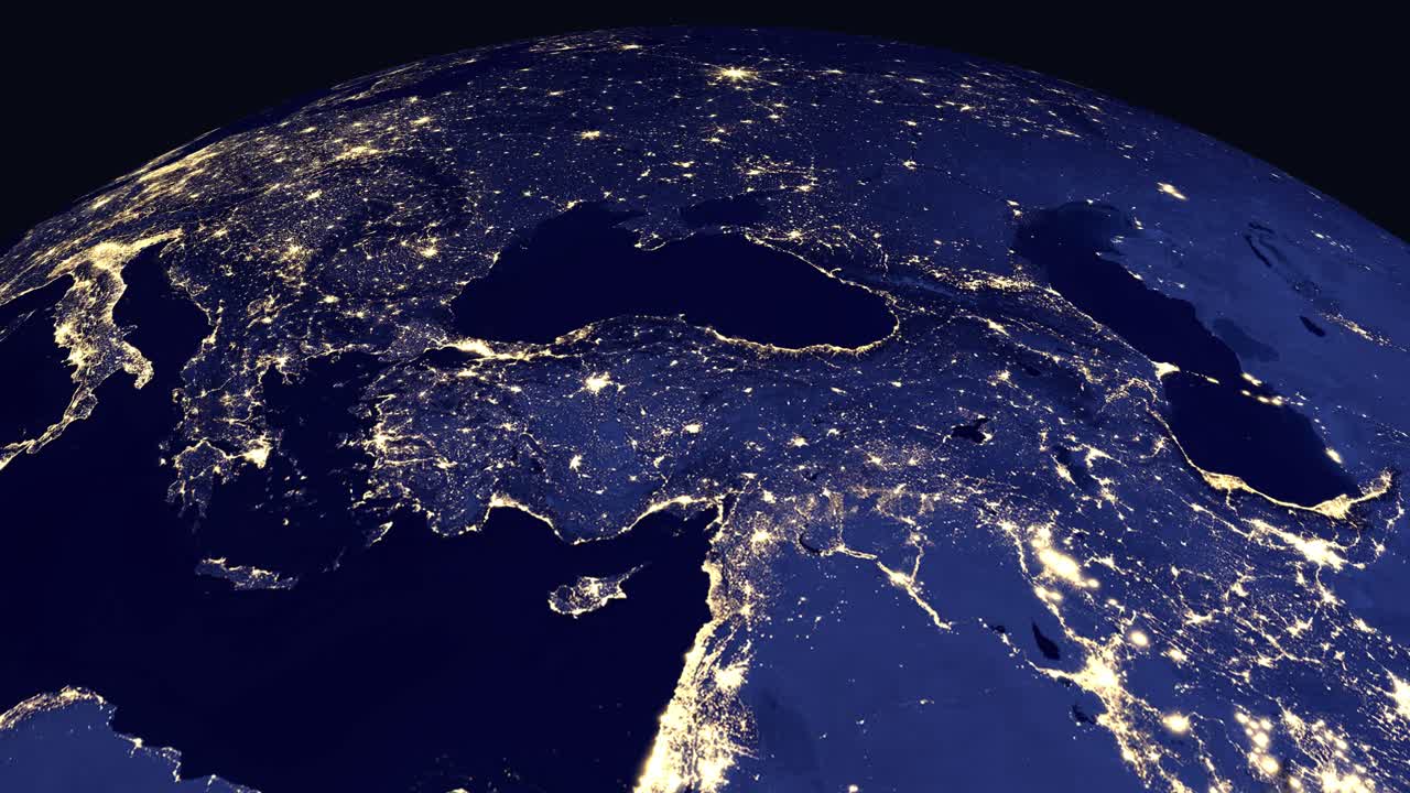 A digital globe rotates and zooms into Ankara Turkey, revealing illuminated cities at night