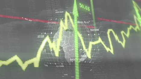 animación del procesamiento de datos financieros sobre un globo giratorio contra el cielo gris