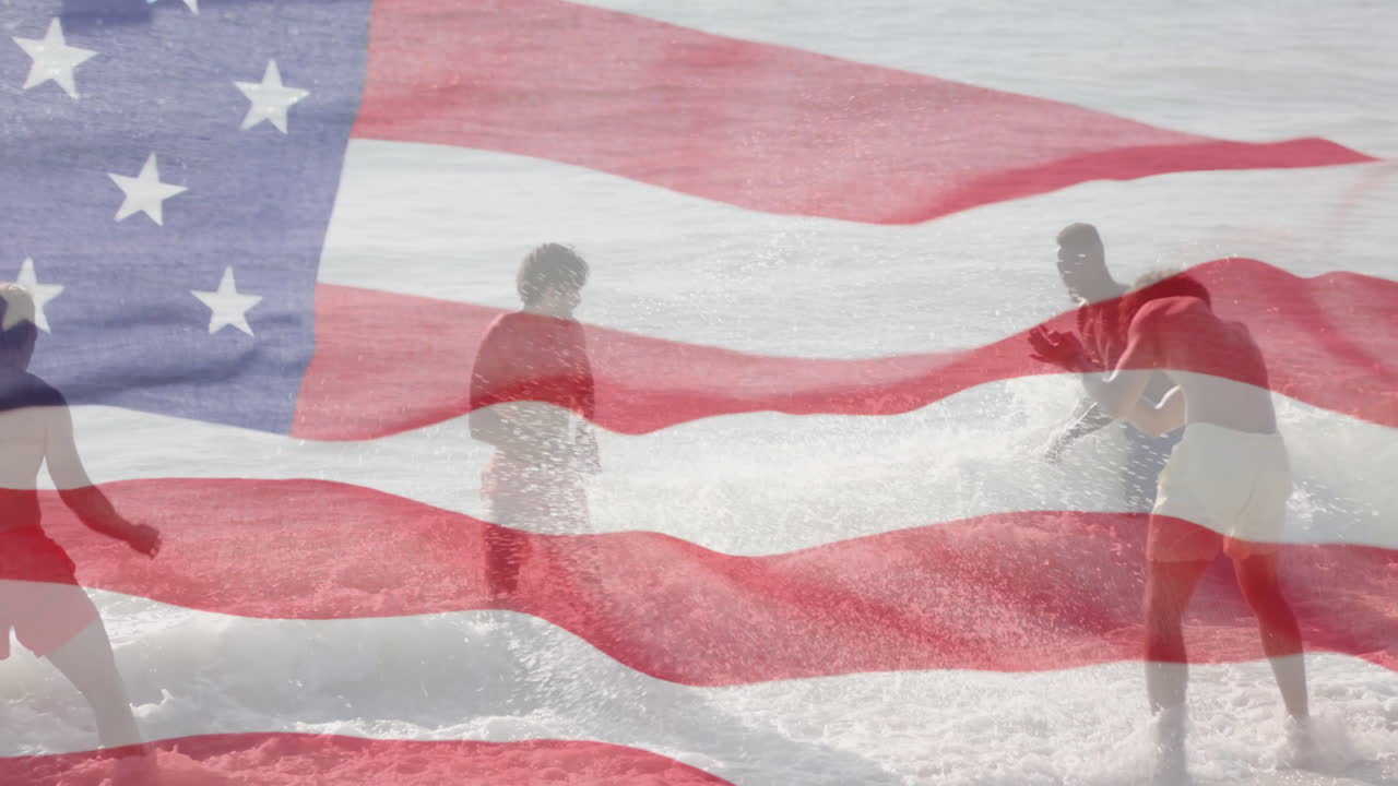 Animation of flag of usa over happy diverse friends on beach in summer