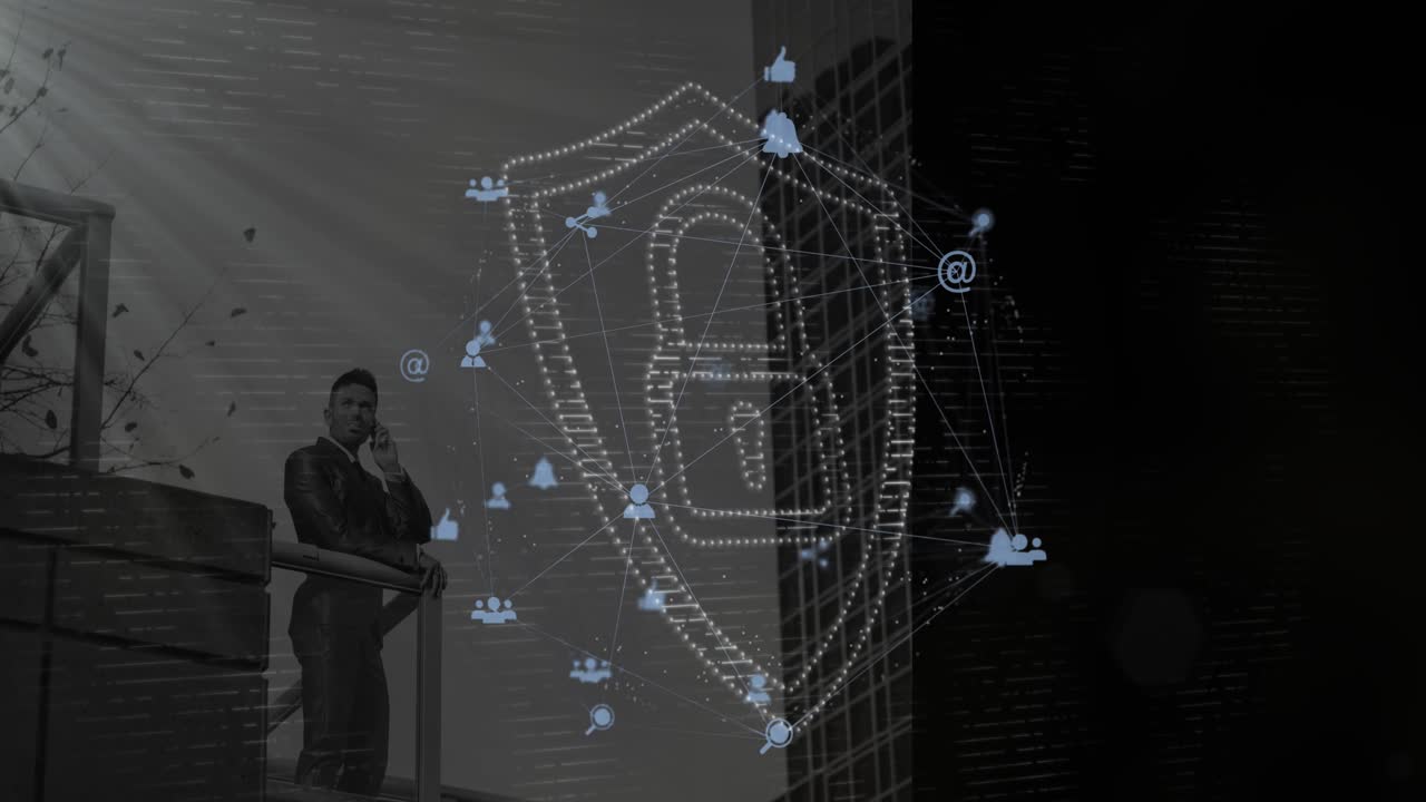 Animation of caucasian businessman talking on smartphone over padlock