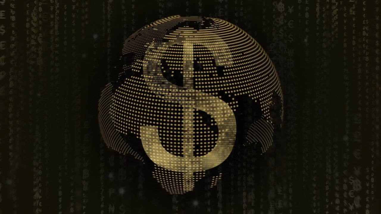 Digitalt dollartegn på globus med finansiel datamatrix-overlay.
