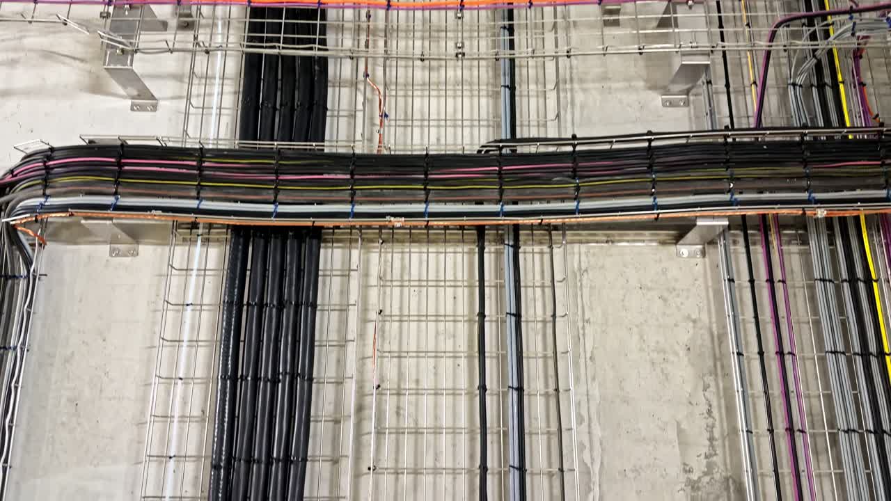 Soffitto industriale con tubazioni, cavi e sistema infrastrutturale