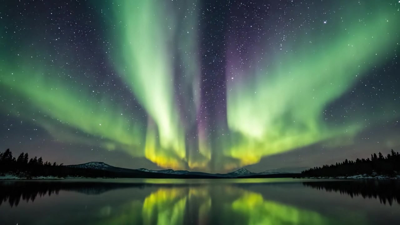 Uno spettacolo ipnotizzante dell'aurora boreale che si riflette su un lago tranquillo sotto un cielo stellato, mostrando la spettacolare bellezza della natura di notte.
