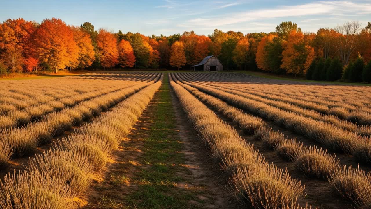 Vibrant Lavender Fields Surrounded by Autumn Foliage at Sunset, Showcasing Nature's Palette with a Rustic Barn in the Background