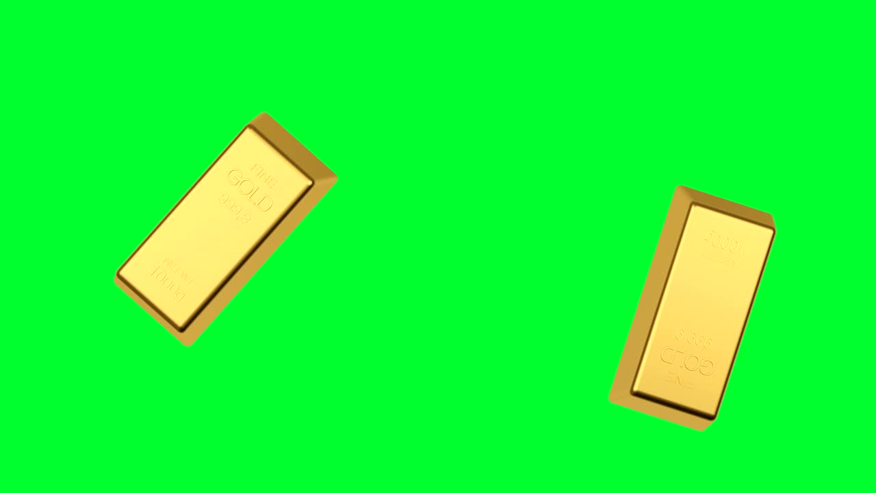 3D animation of two gold bars rotating on a green screen. 4K
