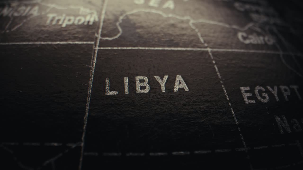Close-up view of a world map focusing on Libya and Egypt