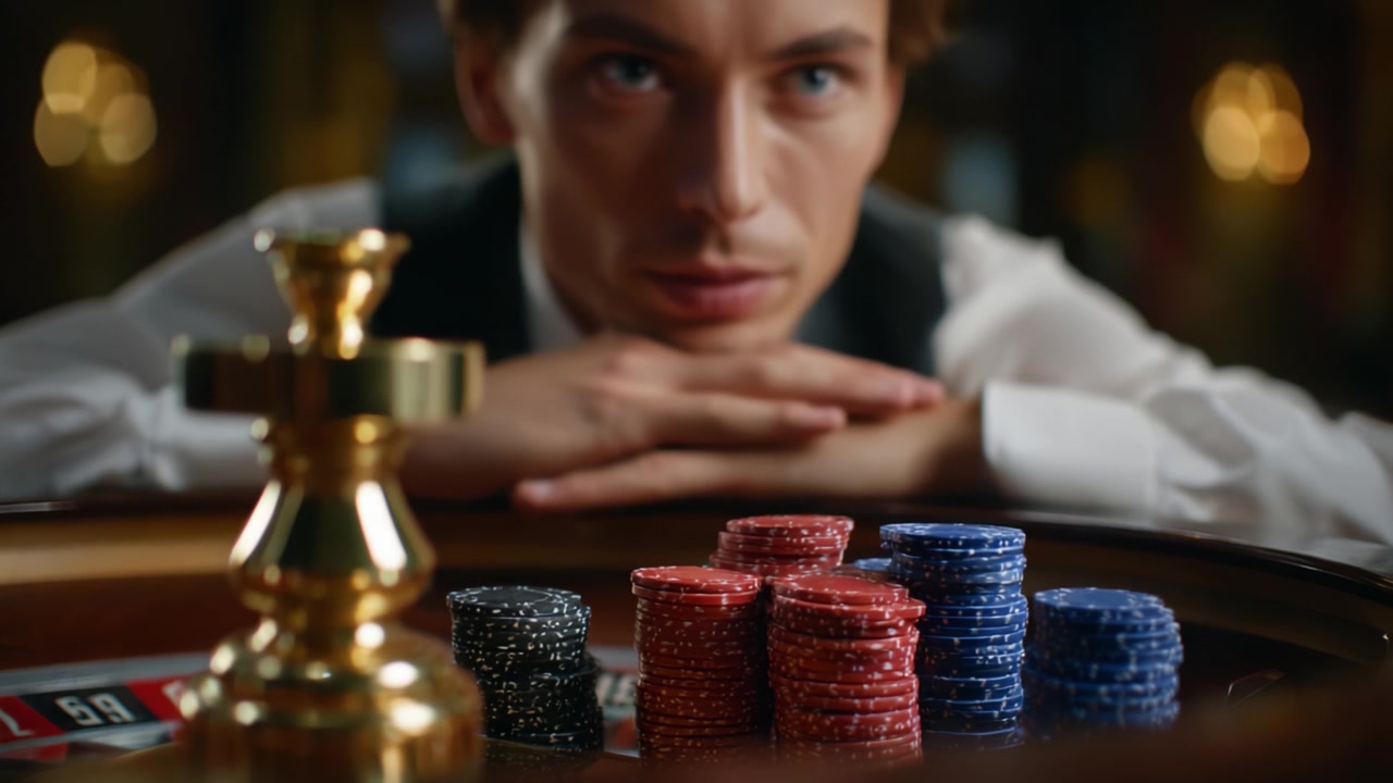 Giocatore d'azzardo concentrato che contempla una scommessa al casinò tra fiches da poker colorate e una croce d'oro, catturando la tensione del gioco d'azzardo ad alte poste.