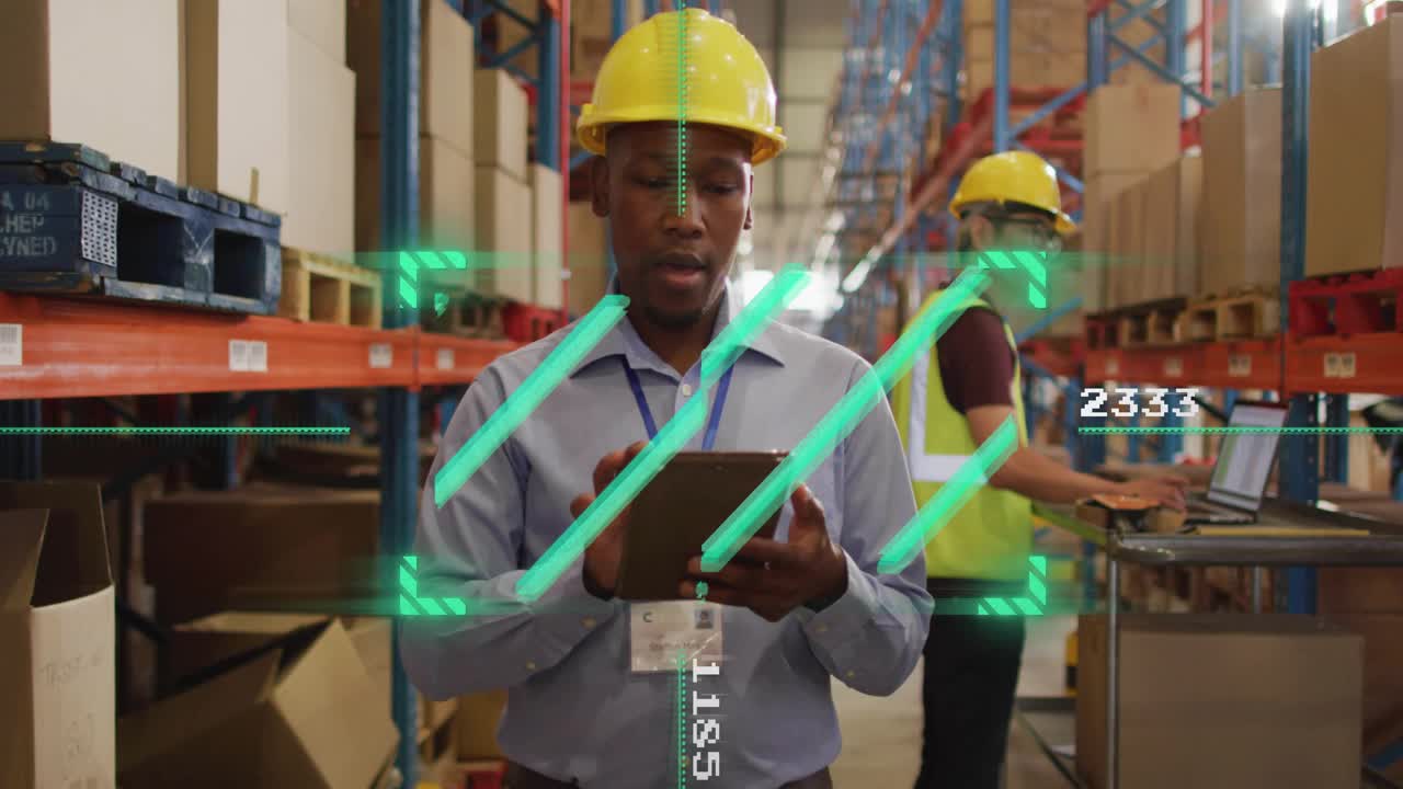 Mid warehouse supervisor raising tablet and starting AR scan, scanning shelves and logging stock