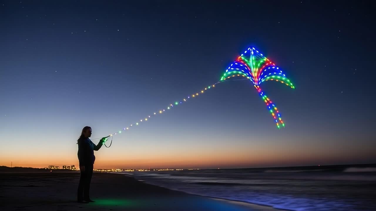 An Enthusiastic Individual Flying a Colorful LED Kite at Dusk by the Shore, Illuminating the Evening Sky with Vibrant Colors and Captivating Designs