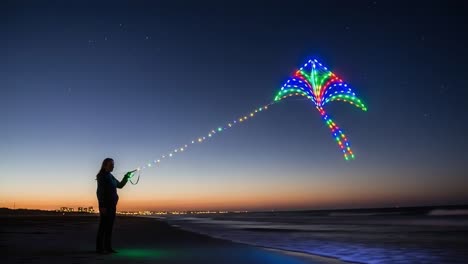 an enthusiastic individual flying a colorful led kite at dusk by the shore, illuminating the evening sky with vibrant colors and captivating designs