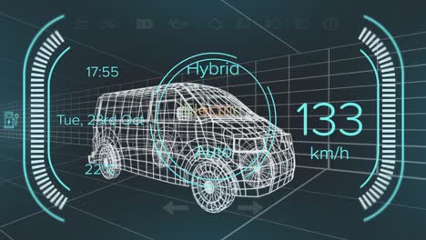 Animación-Del-Velocímetro,-GPS-Y-Datos-De-Estado-De-Carga-En-La-Interfaz-De-La-Furgoneta-Híbrida,-Sobre-Un-Modelo-De-Furgoneta-3D.