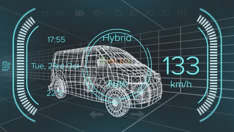animación del velocímetro, el gps y los datos del estado de carga en la interfaz de la furgoneta híbrida, en un modelo de furgoneta 3d