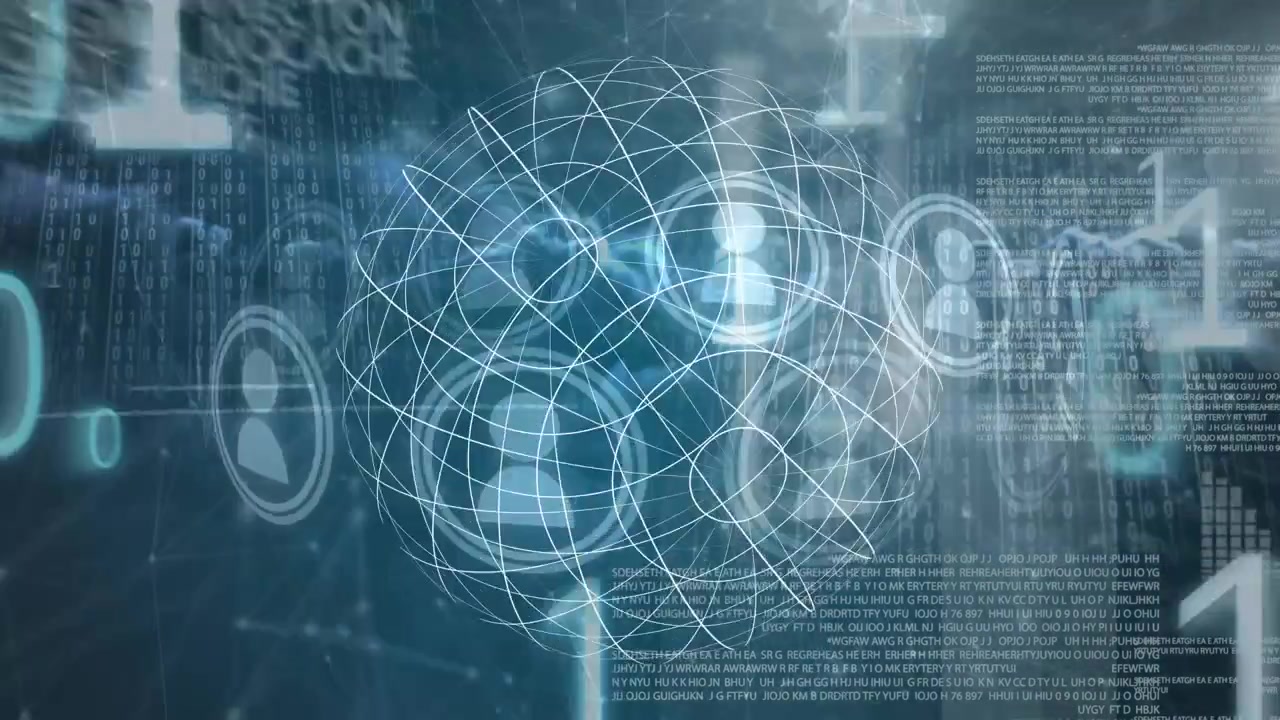 Animation of binary code and rotating icons over network of connections