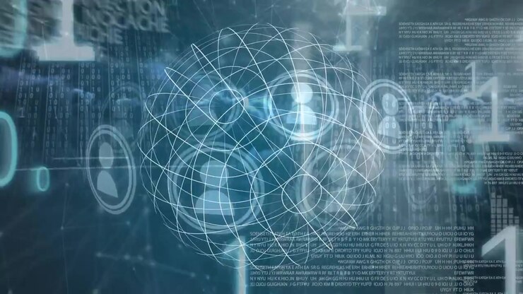Animation of binary code and rotating icons over network of connections